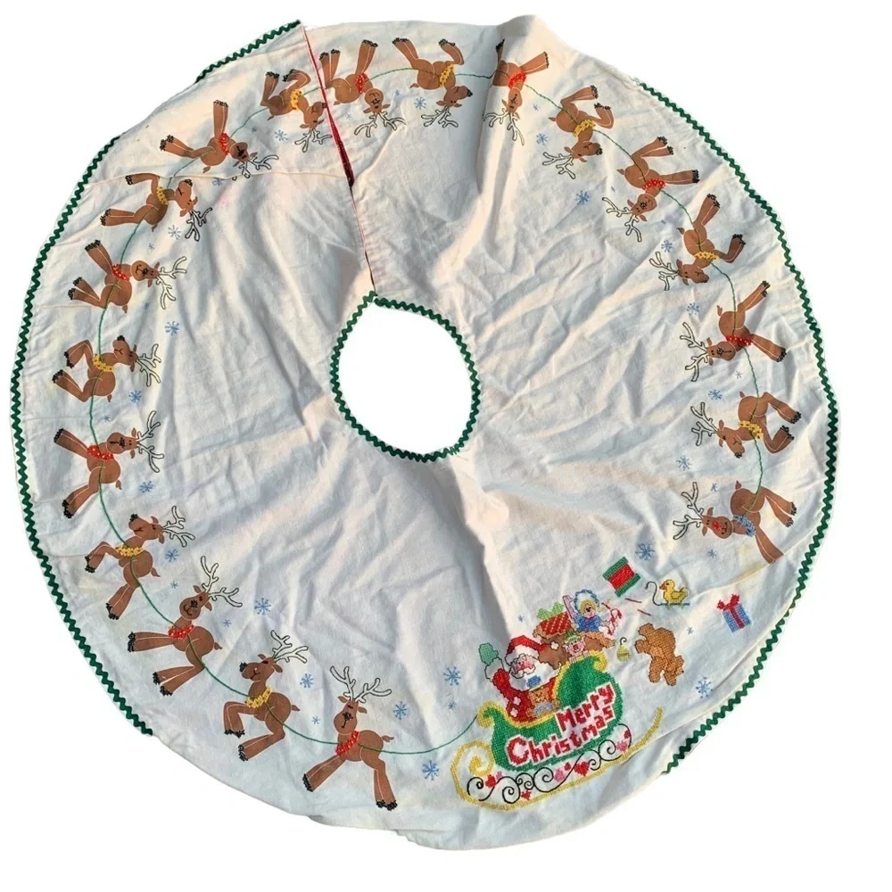Vintage Merry Christmas Tree Skirt Embroidered Santa Claus Reindeer Holiday